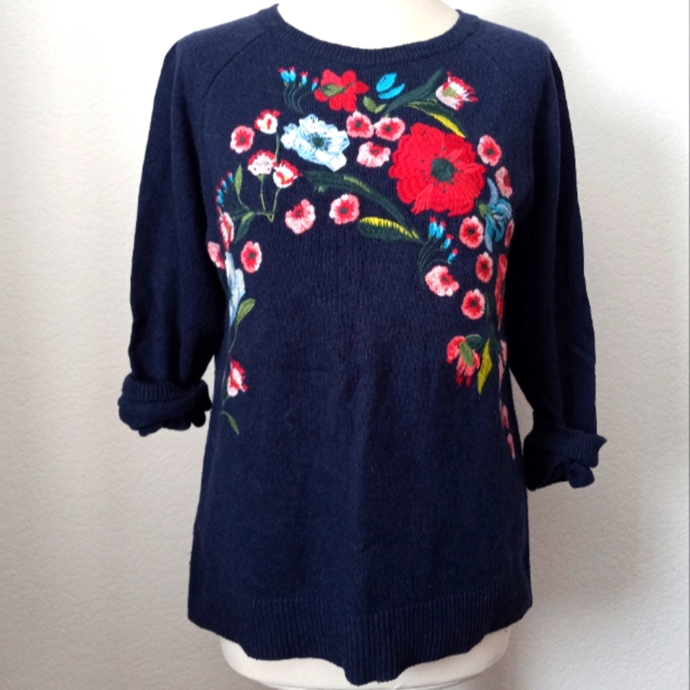 Floral Embroidered Navy Sweater